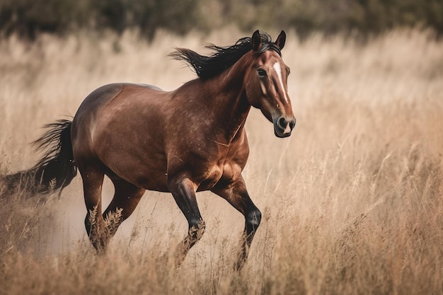 Un cavallo corre attraverso un campo di erba alta.