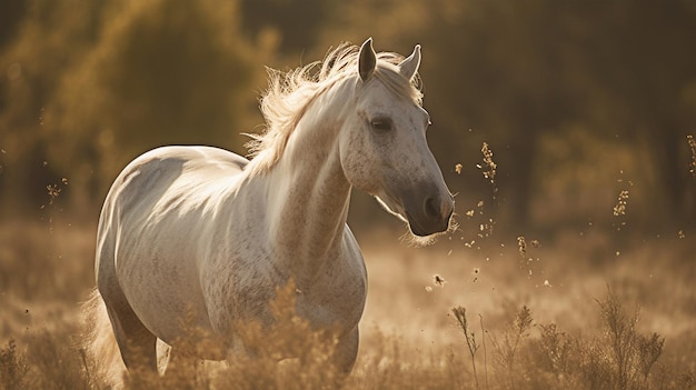 Un cavallo corre attraverso un campo erboso