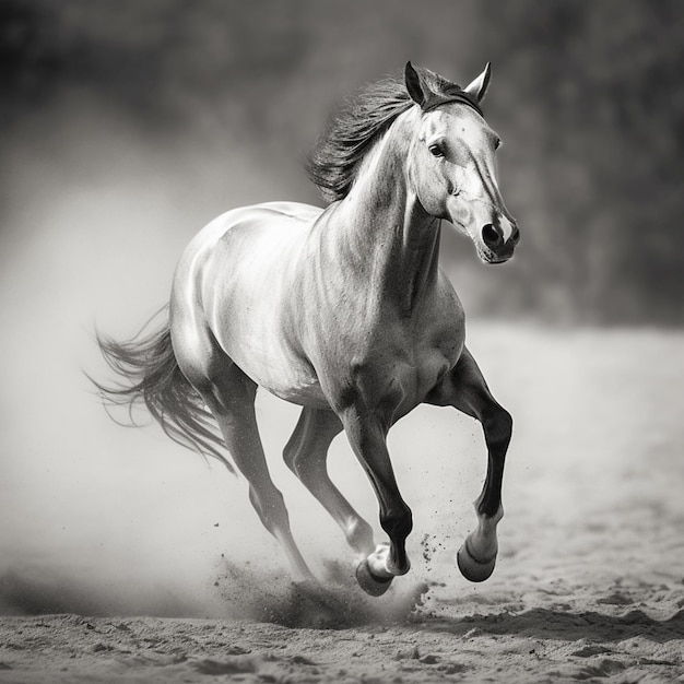 Un cavallo corre nella sabbia con una foto in bianco e nero.