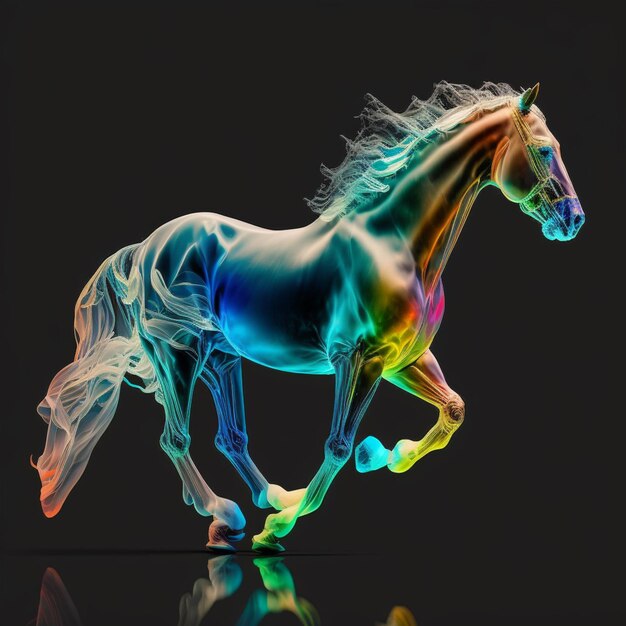 Un cavallo corre su uno sfondo nero con una criniera color arcobaleno.