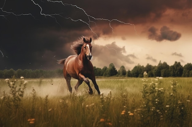 Un cavallo corre velocemente attraverso un prato in tempo di tempesta Generazione AI