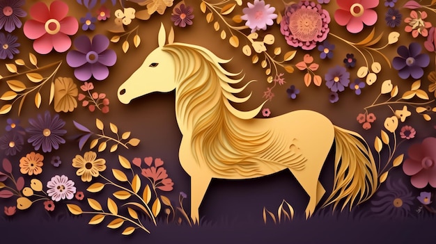 Un cavallo d'oro con fiori sul retro.