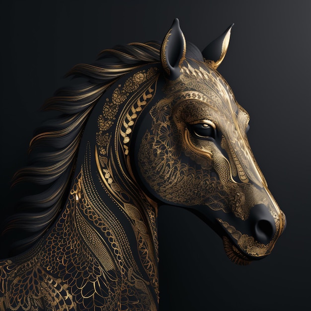 Un cavallo d'oro con uno sfondo nero e uno sfondo nero.