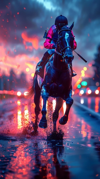 Un cavallo da corsa blu al neon galoppa attorno alla carta da parati