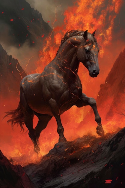 Un cavallo fatto di fuoco su uno sfondo scuro Genera Ai