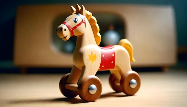 un cavallo giocattolo di legno con una stella gialla sulla schiena