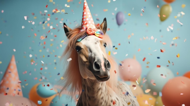 Un cavallo gioioso che indossa abiti di compleanno con palloncini e confetti su uno sfondo blu pastello