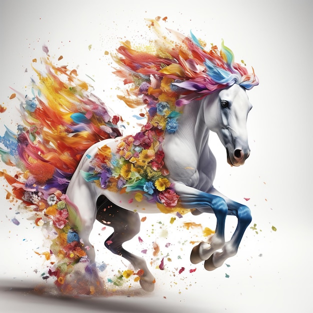 Un cavallo grazioso che salta tra i fiori colorati