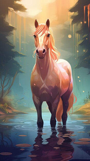 un cavallo in acqua con un cavallo sullo sfondo