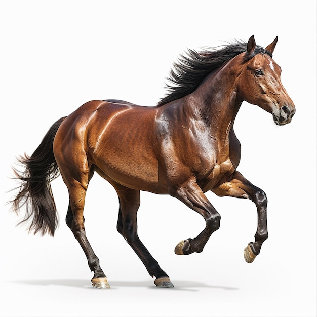Un cavallo in movimento su sfondo bianco