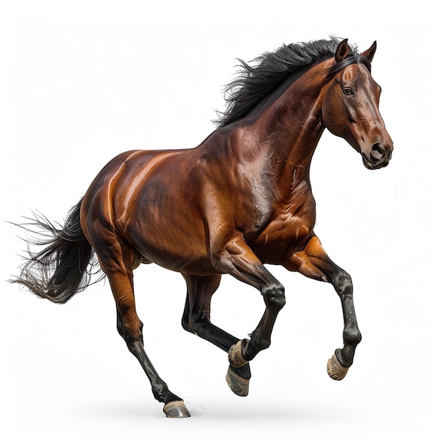 Un cavallo in movimento su sfondo bianco