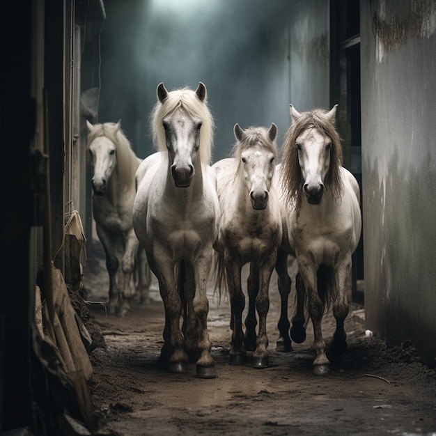 un cavallo in piedi all'interno di un fienile