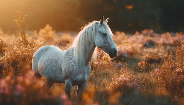 Un cavallo in un campo con il sole che splende su di esso