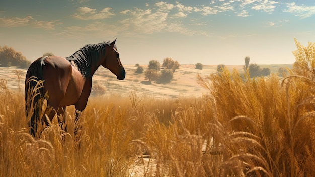 Un cavallo in un campo con uno sfondo di cielo