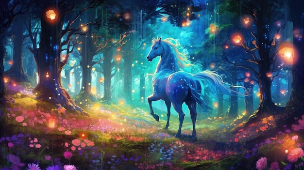 Un cavallo in una foresta con le lucciole