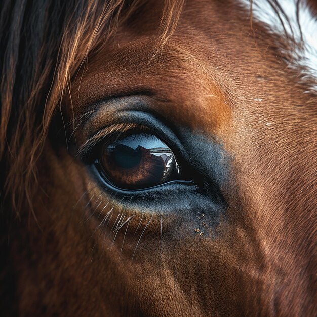 un cavallo marrone con un grande occhio che guarda in basso.
