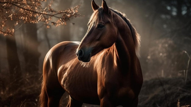 Un cavallo nel bosco con un albero sullo sfondo