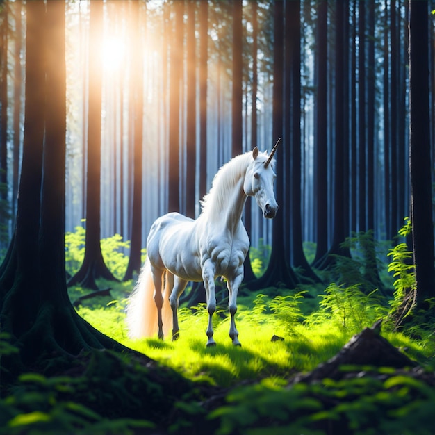 un cavallo nella giungla erba verde e albero sullo sfondo IA generativa