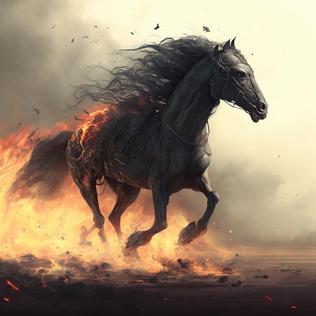 Un cavallo nero avvolto dalle fiamme galoppa sulla terra bruciata