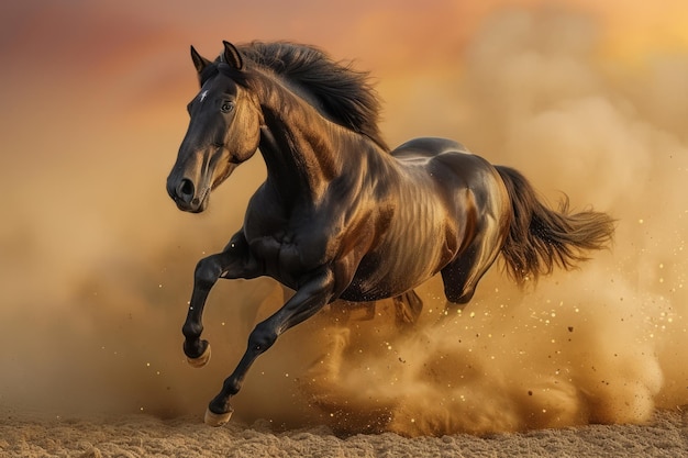 Un cavallo nero corre nel deserto