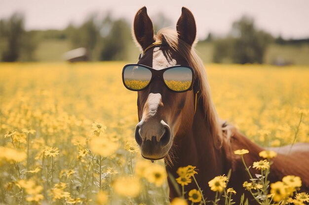 un cavallo seduto in mezzo a un campo di fiori mentre indossa occhiali da sole