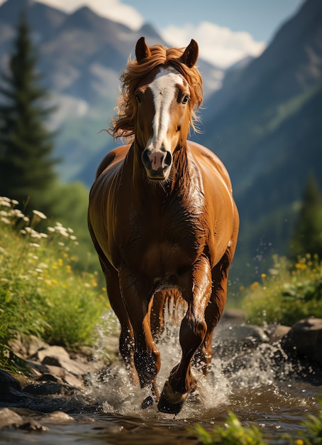 Un cavallo selvaggio che corre nel torrente Animali selvatici o da fattoria