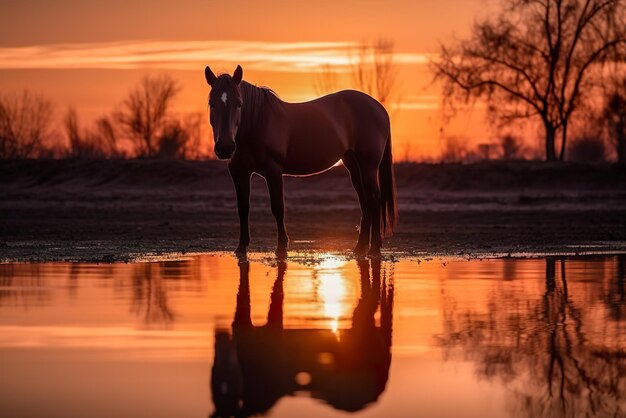 Un cavallo si trova in un campo con il sole che tramonta dietro di esso.