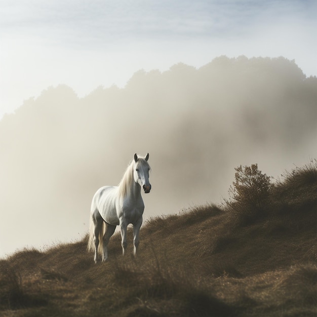 Un cavallo si trova in un campo nebbioso