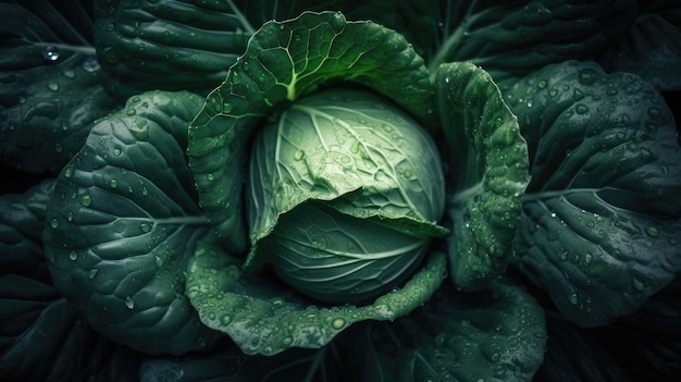 Un cavolo verde con gocce d'acqua sopra