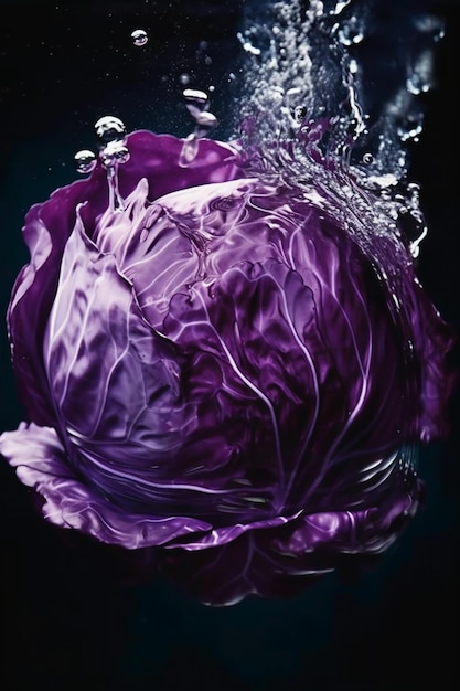 Un cavolo viola viene lasciato cadere in una goccia d'acqua.