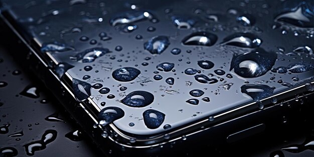 un cellulare con gocce d'acqua su tutto in stile navy scuro e nero