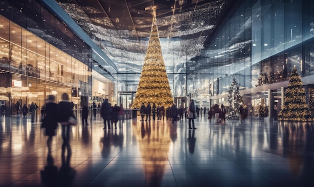 Un centro commerciale decorato per Natale con un grande albero di Natale illuminato e acquirenti indaffarati