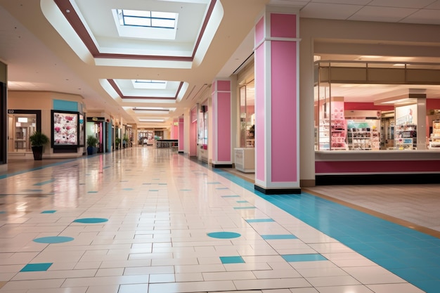 Un centro commerciale vuoto con colonne rosa e pavimenti blu