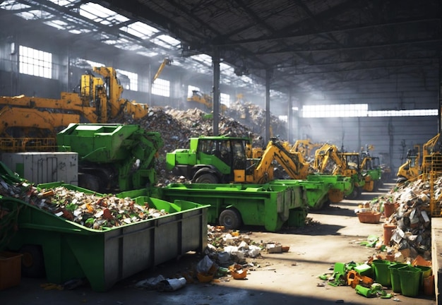 Un centro di riciclaggio del paesaggio con un'attività vivace e un camion della spazzatura nella stazione di riciclamento dei rifiuti