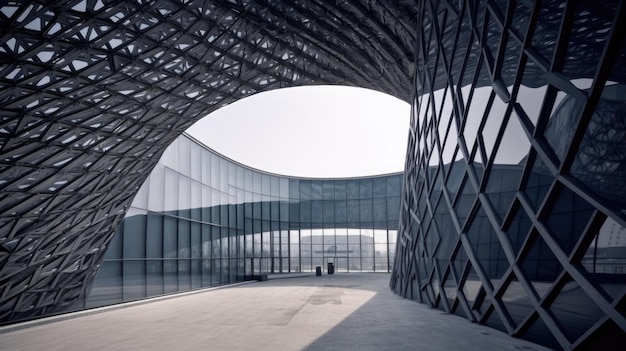 Un centro espositivo con una miscela di elementi architettonici curvi e geometrici Generative AI AIG21