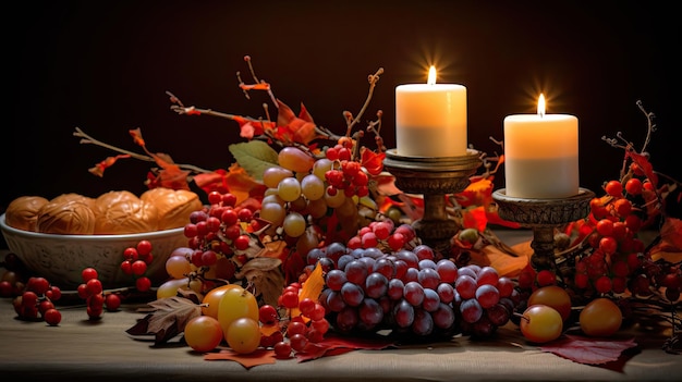 un centrotavola del ringraziamento ornato con foglie autunnali e candele che simboleggiano benedizioni e gratitudine