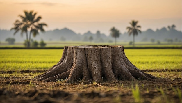 Un ceppo di albero con uno sfondo sfocato di campi di riso