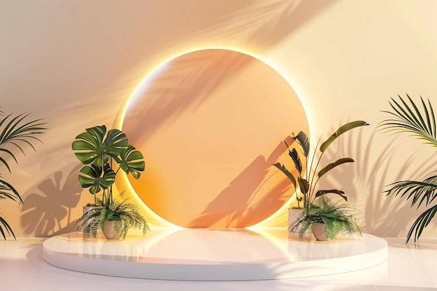 un cerchio arancione rotondo con piante su di esso e un'immagine di una pianta e un vaso con una pianta in it3D bac
