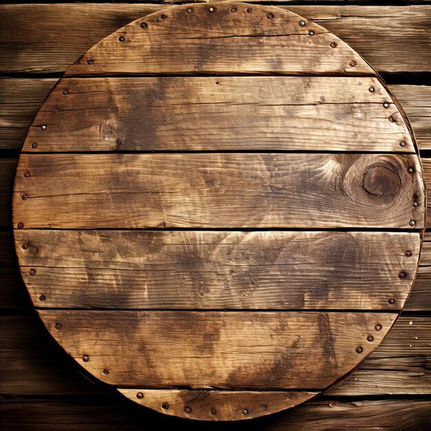 un cerchio con uno sfondo di legno con un anello di metallo attorno ad esso