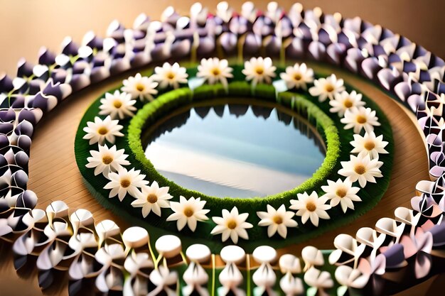 Un cerchio di fiori con sopra uno specchio