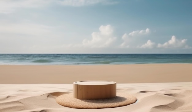 Un cerchio di legno nella sabbia con l'oceano sullo sfondo