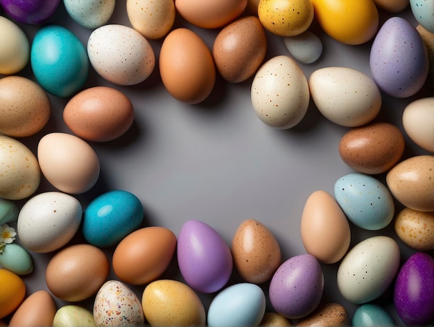 un cerchio di uova di diversi colori su una superficie grigia con uno sfondo bianco