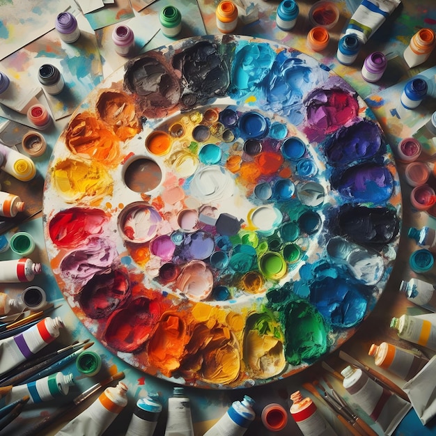 un cerchio di vernice è su un tavolo con un sacco di colori diversi