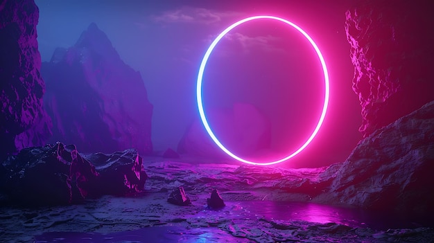 Un cerchio luminoso di neon rosa e blu galleggia sopra un paesaggio alieno roccioso