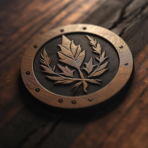 un cerchio metallico con foglie su di esso è su una superficie di legno