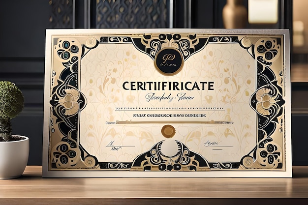 un certificato oro e nero con un design oro e nero.