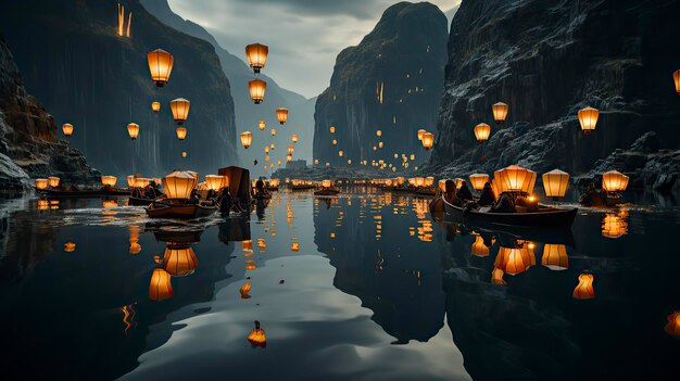 Un certo numero di lanterne di carta che volano sopra i prati e le montagne Celebrazione del Capodanno cinese