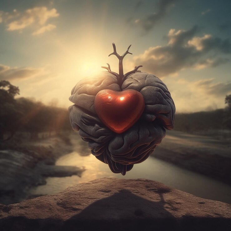 Un cervello a forma di cuore con sopra un cuore rosso