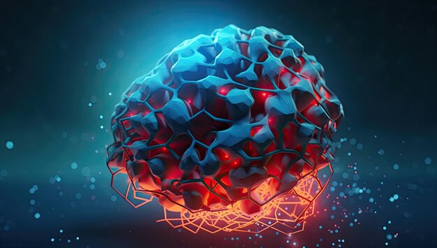 Un cervello blu circondato da punti e connessioni nello stile dell'atmosfera luminosa, luce nera e azzurro cielo Generative AI