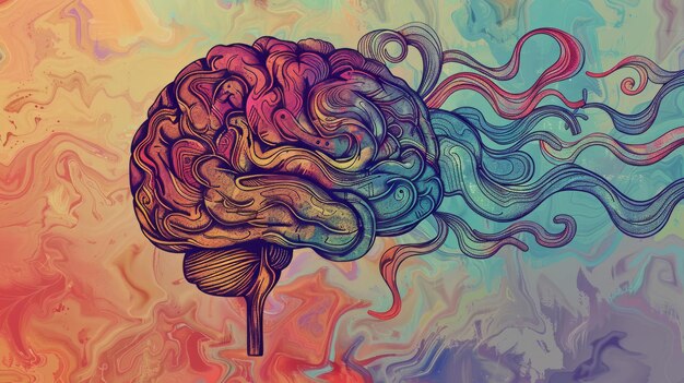 Un cervello disegnato a mano con colorati modelli vorticosi si erge contro uno sfondo di gradiente silenzioso